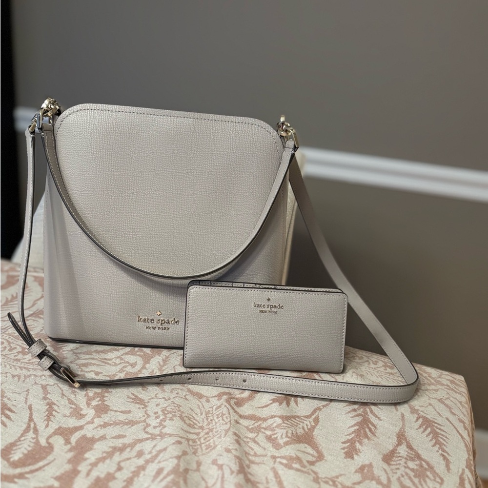Kate Spade Darcy Bucket Bag & Wallet Set – Grey with Pale Gold Hardware
